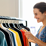 **

> A woman shopping at a second-hand clothing store, smiling and looking through a rack of clothes. Focus on sustainable fashion, ethical choices, and a sense of personal satisfaction. Bright, natural light.

**